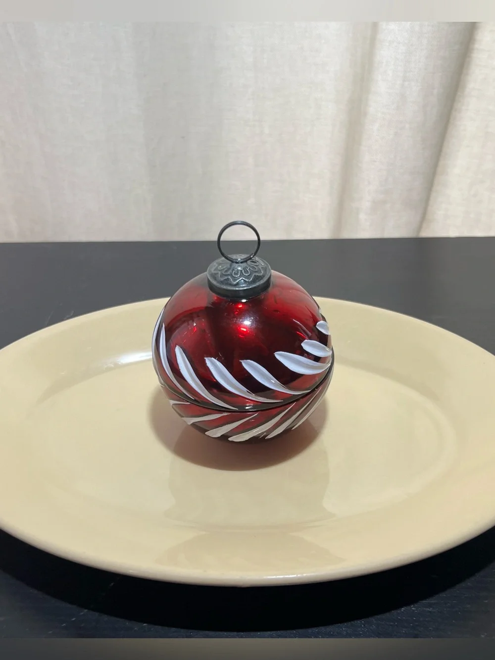 Pottery Barn Red and White Swirl Glass Holiday Ornament